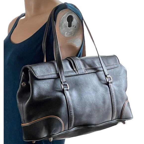 Vintage COACH Hampton 9268 Black Leather Tan Trim Carryall Satchel Y2k - Picture 4 of 16